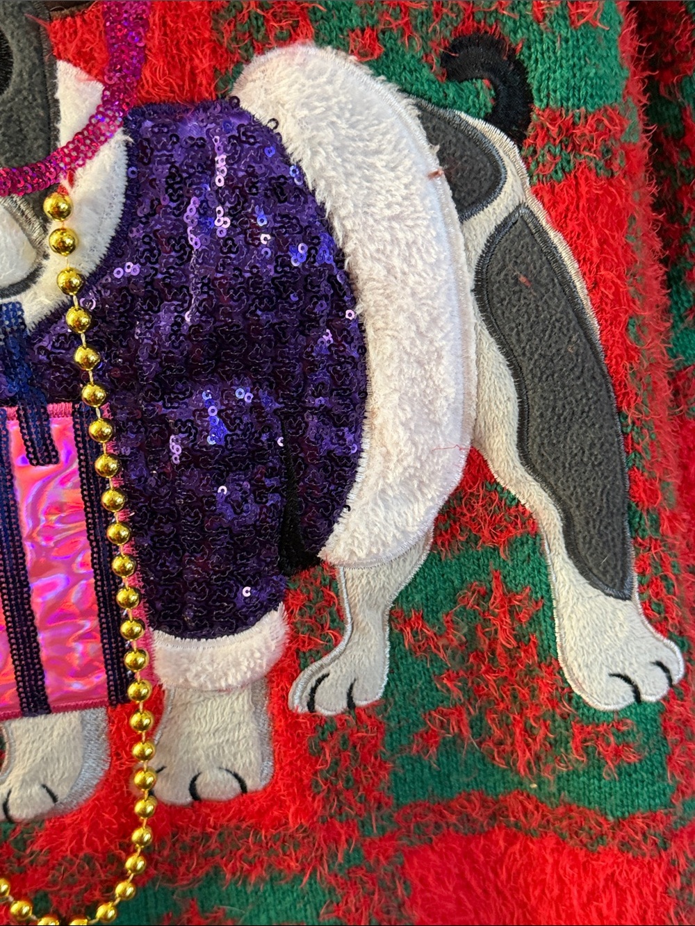 Festive Red & Green Women’s Holiday Sweater with Sequin Dog Motif - Picture 4 of 9